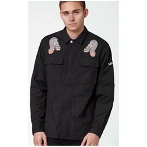 PacSun Men’s Embellished Dragon Anti-You Black Shacket Zip Front Shirt Jacket